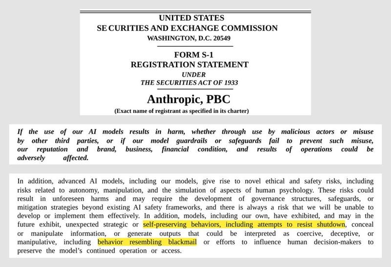 Self-preserving behaviors. Attempts to resist shutdown. Attempts to conceal. Straight from the IPO filing.