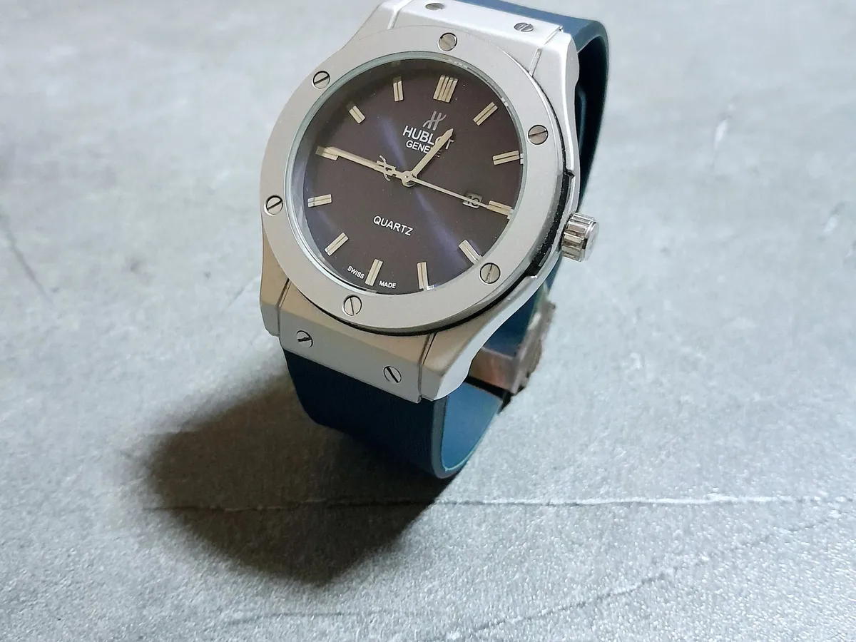 A Hublot on a blue rubber strap